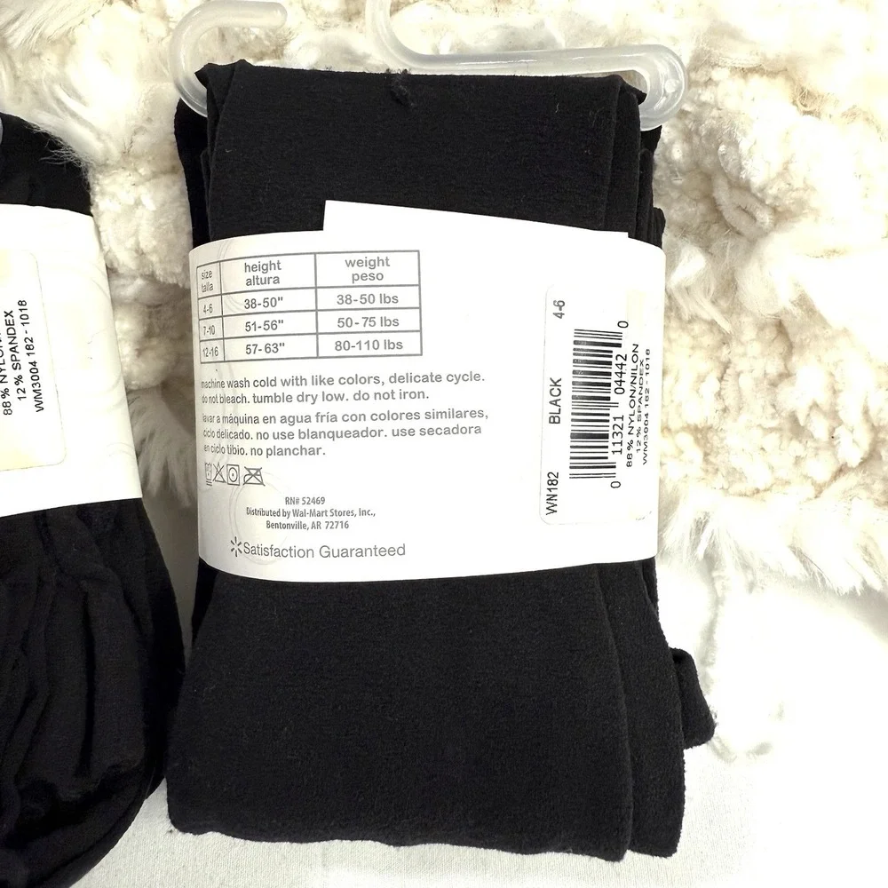 WONDER NATION Girls Black Footed Tights Sz 4/6 Lightweight Spandex Stretch‎ 4ct